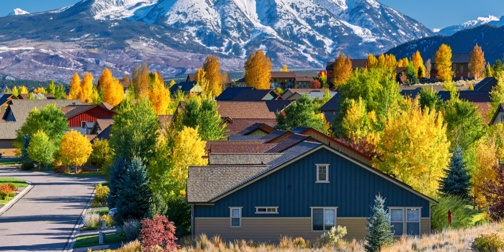 Aerial view of a Colorado neighborhood in autumn