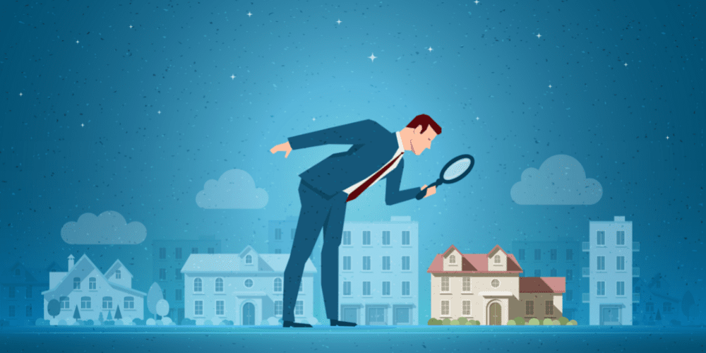 An illustration of a man in a suit using a magnifying glass to perform a home inspection.