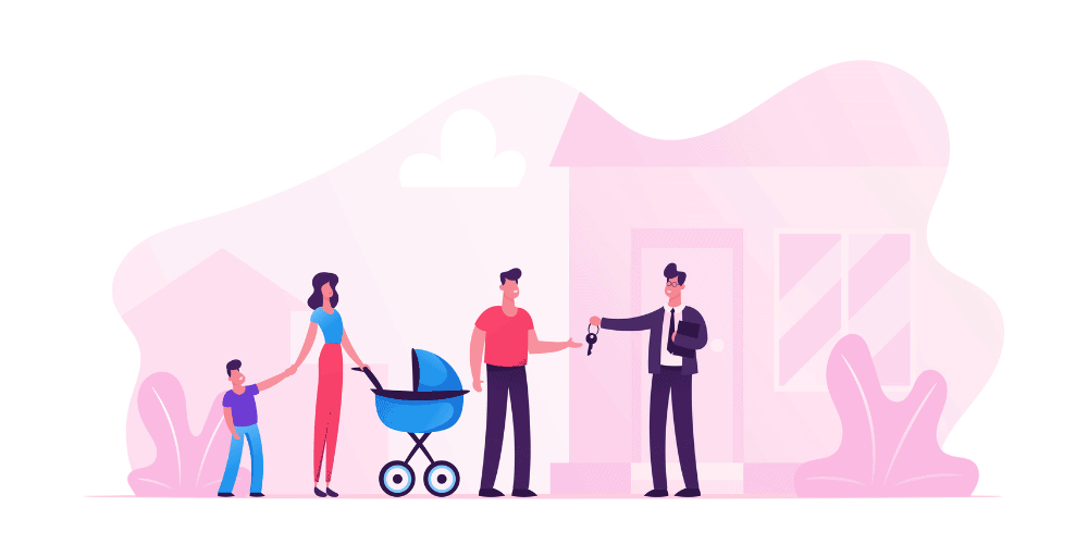 An illustration of a selling agent standing in front of a house and handing keys to a couple with a child and a stroller.
