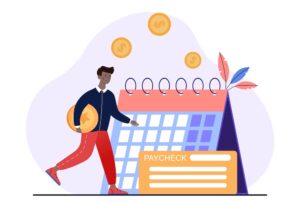 Flat illustration of a man holding a coin in front of a calendar