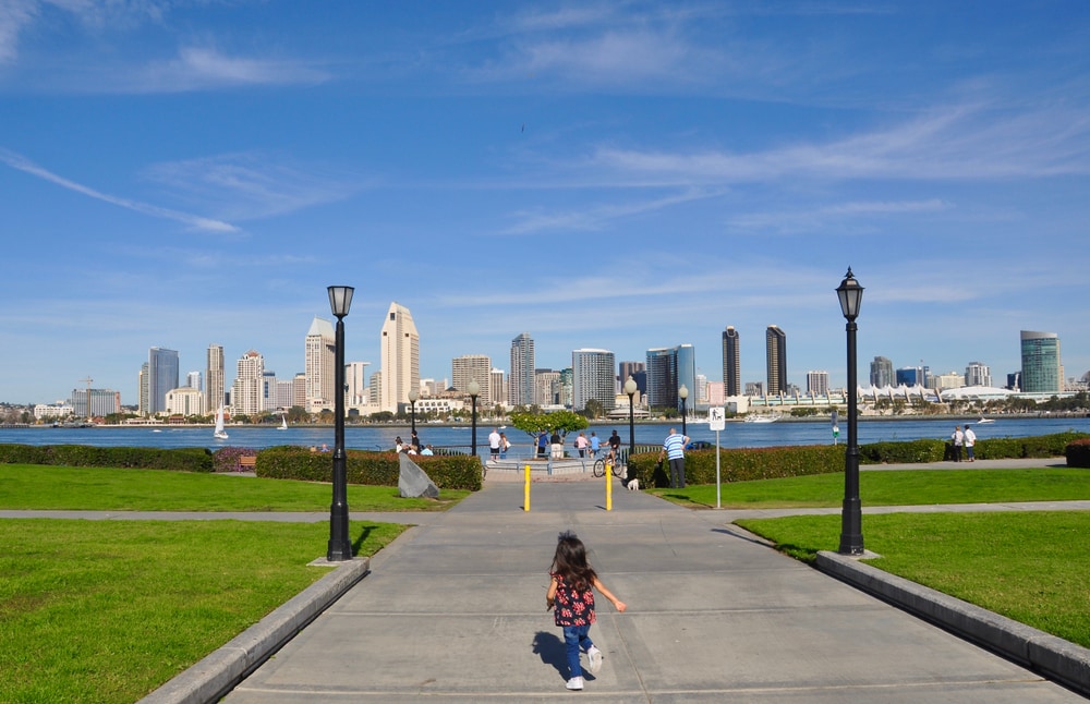 San Diego skyline with child