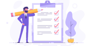 An illustration of a bearded man checking a giant home buying process checklist with a giant pencil.