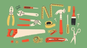 Illustration of hammer, paintbrush, and other tools on a green background