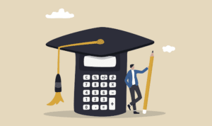 Flat illustration of a graduation cap and a calculator