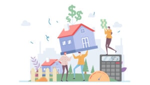 Flat illustration of a person balancing a house with money graphics