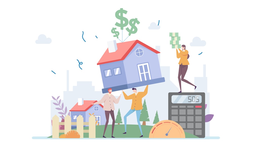 Flat illustration of a person balancing a house with money graphics