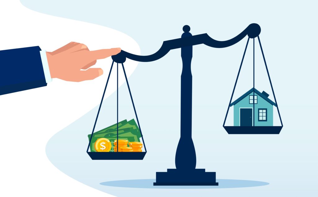 inflation housing market vector depicting scales being held by someone in a suit with money below a house