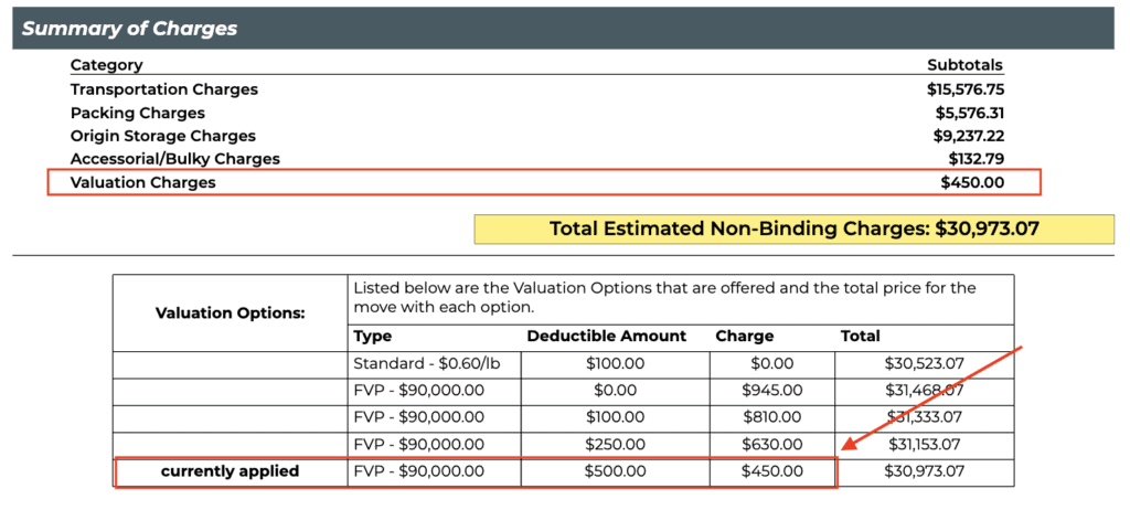 Moving insurance quote screenshot