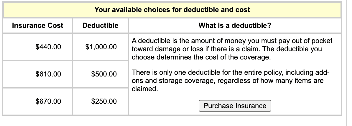 Screenshot of a quote from movinginsurance.com with a deductible limit