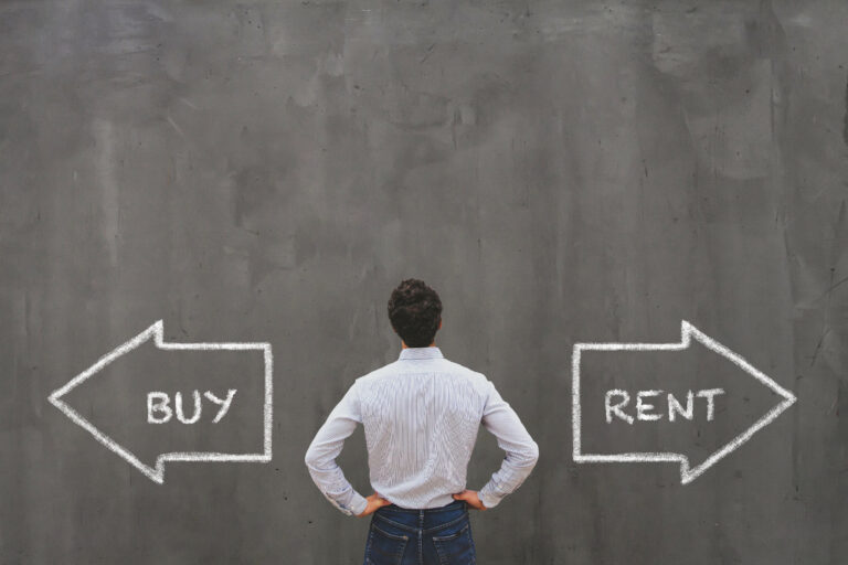 buy or rent choice, real estate concept, businessman making decision rent vs. buy price to rent ratio